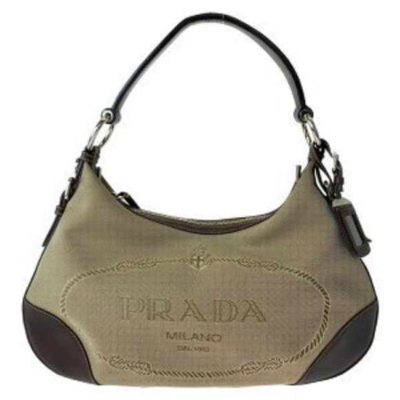 PRADA Logo Jacquard Beige Brown Hobo Shoulder Bag - Picture 1 of 9